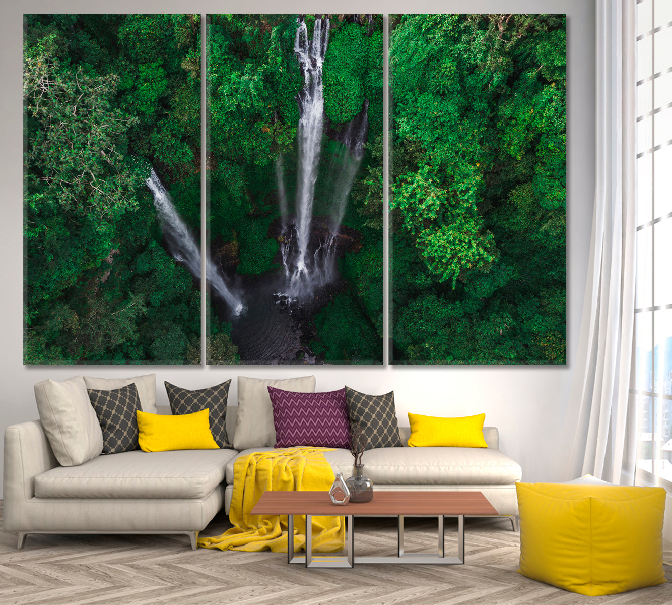 Tropical Jungle Rainforest Famous Sekumpul Waterfalls Bali Indonesia Picturesque Landscape Canvas Print Nature Wall Canvas Print Artesty 3 panels 36" x 24" 