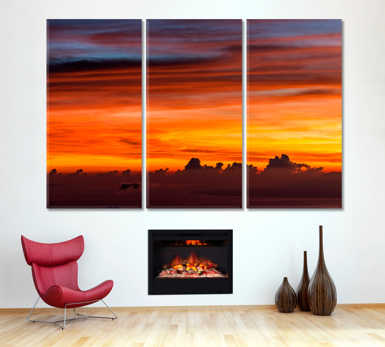 Colorful Sky Amazing Colorful Sunrise Top Agung Volcano Bali Multicolor Clouds Pattern Scenery Landscape Fine Art Print Artesty 3 panels 36" x 24" 