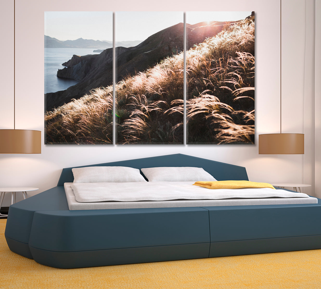 Sunset Coastline Landscape Hill Incredible Spring Field Feather Grass Nature Wall Canvas Print Artesty 3 panels 36" x 24" 