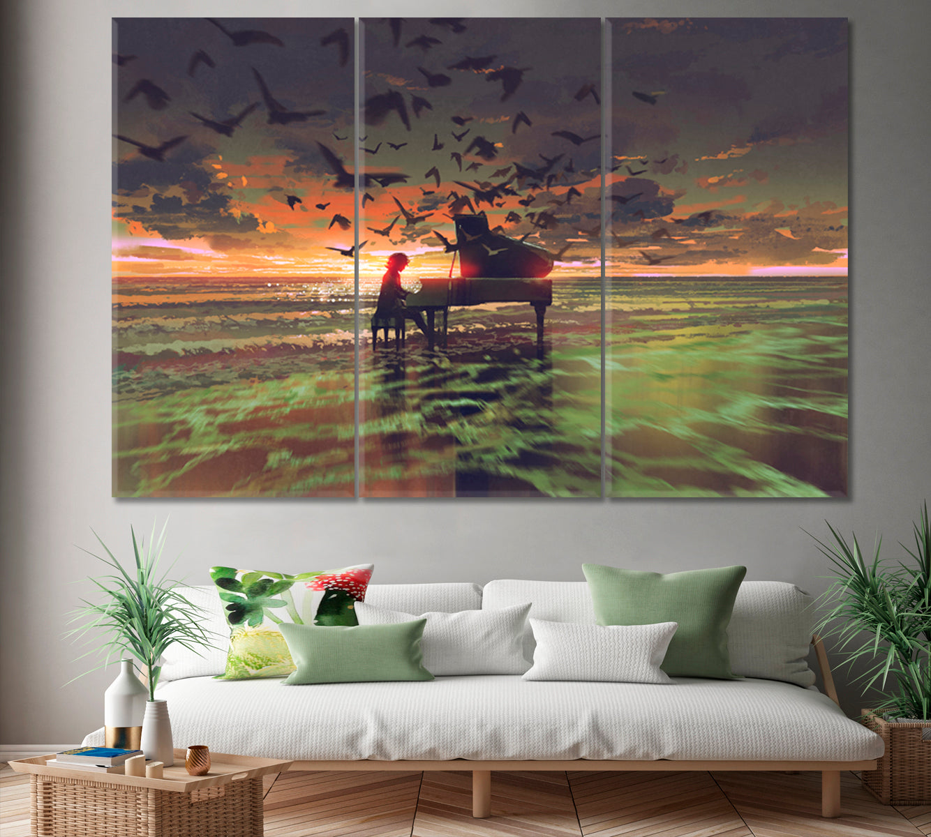 FANTASY Pianist On The Ocean Stunning Unique Mysterious Surreal Fantasy Large Art Print Décor Artesty 3 panels 36" x 24" 