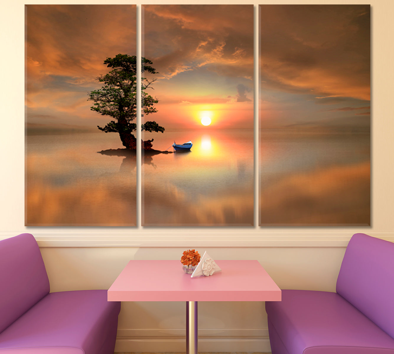 LONELY TREE Boat Artistic Landscape Scenery Pictorial Art Canvas Print Scenery Landscape Fine Art Print Artesty 3 panels 36" x 24" 