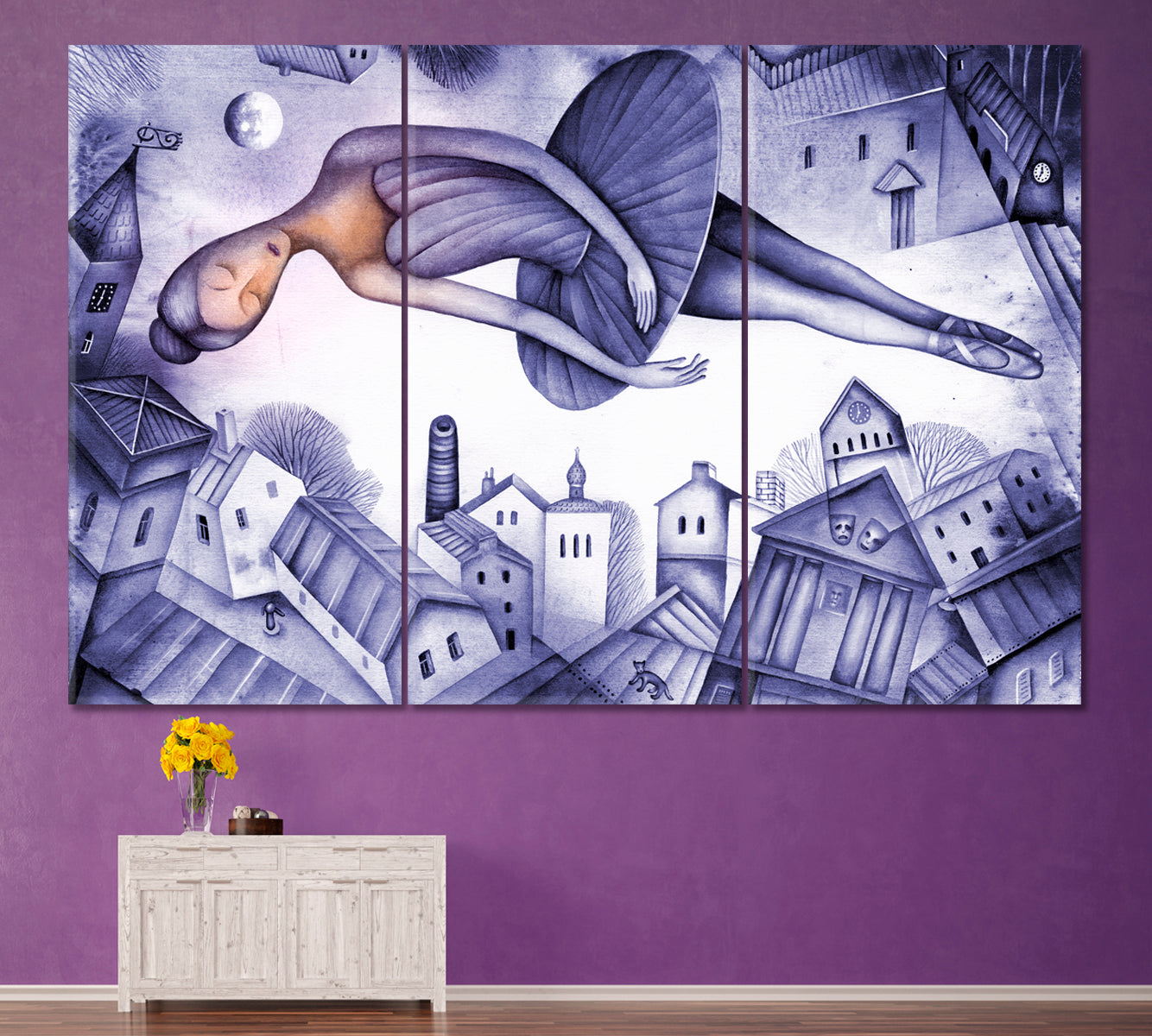 FANTASY Beautiful Ballerina Soars in a Dream Above the City, Cubist Style Canvas Print Cubist Trendy Large Art Print Artesty 3 panels 36" x 24" 