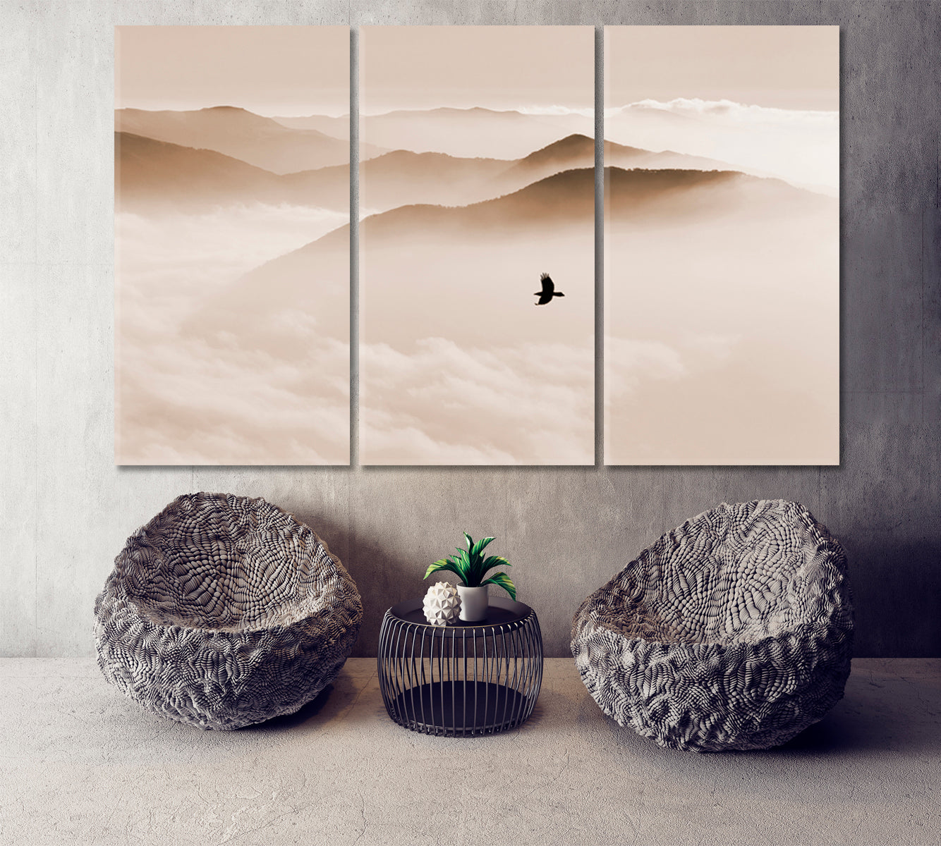 Breathtaking Landscape Sky and Mountain Mist, Silhouettes of Misty Mountains, bird flying, sepia toning Skyscape Canvas Artesty   