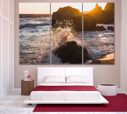 Waves Crashing on Rocks Sunlight Sea Marina Scenery Seascape Nature Wall Canvas Print Artesty   