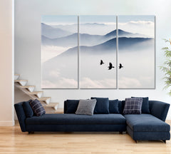 MISTY Mountains Birds Flying Sky Clouds Nature Wall Canvas Print Artesty 3 panels 36" x 24" 