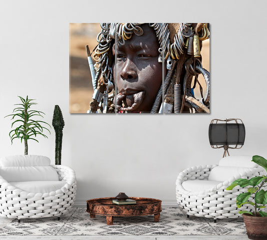 Traveling Around Mago Ethiopia Mursi Woman People Portrait Wall Hangings Artesty 3 panels 36" x 24" 