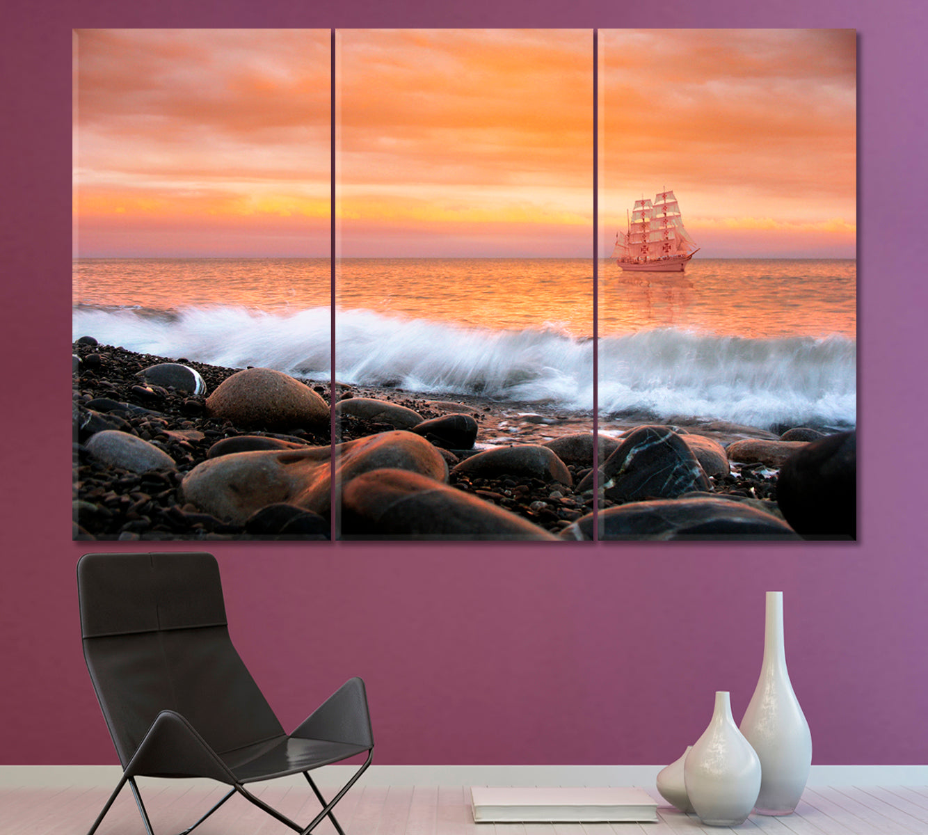 SCARLET SAILS Alone Ship Sea Waves Rocks Sky Beautiful Landscape Canvas Print Scenery Landscape Fine Art Print Artesty   