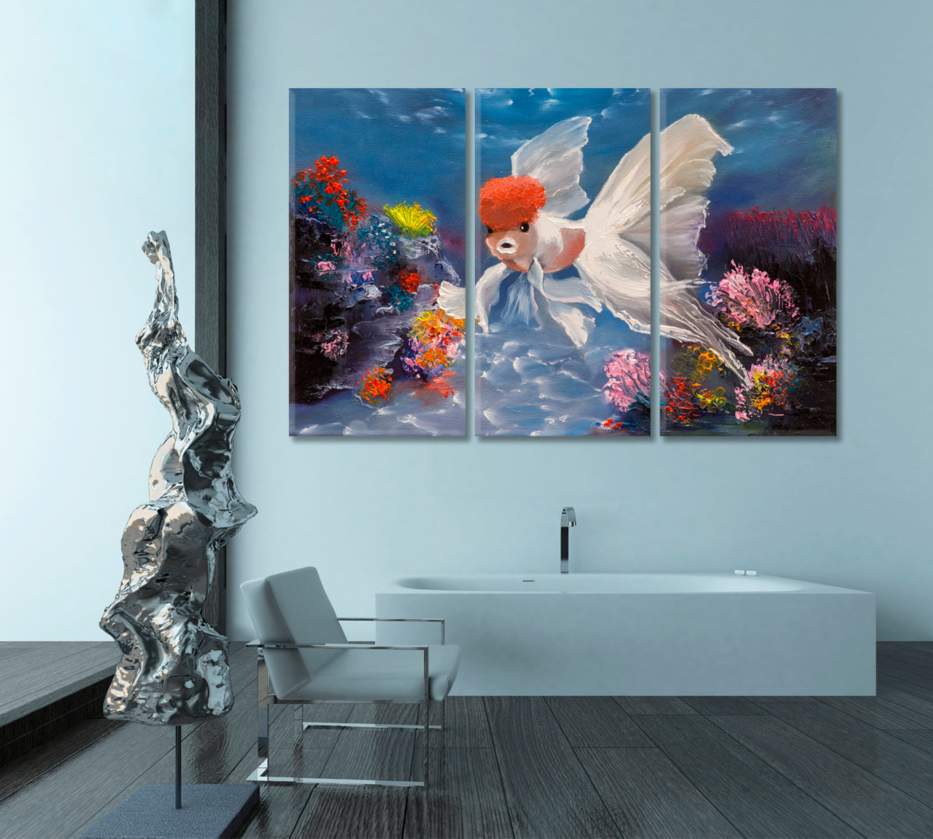 NAUTICAL Underwater Sea Life Red Riding Hood Fish Sea Bottom Landscape Nautical, Sea Life Pattern Art Artesty 3 panels 36" x 24" 