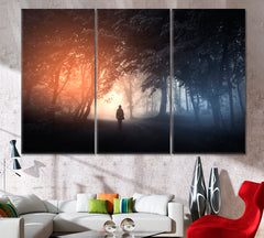 PATH TO THE LIGHT Mysterious Landscape Fantastic Surreal Misty Forest Trees Man Walking on the Path Scenery Landscape Fine Art Print Artesty 3 panels 36" x 24" 