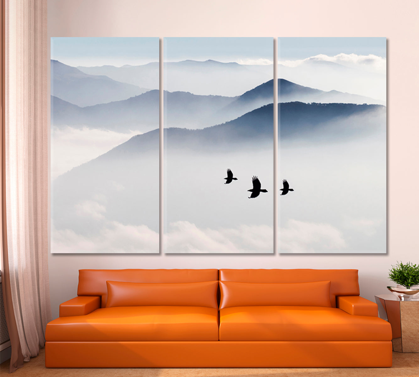 MISTY Mountains Birds Flying Sky Clouds Nature Wall Canvas Print Artesty   