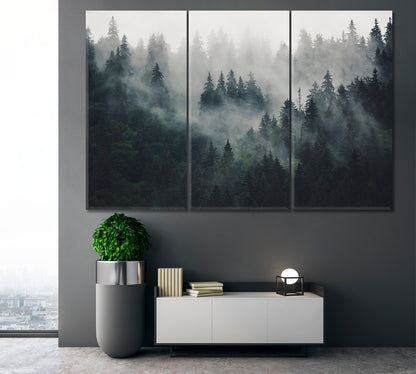 Misty Landscape Fir Forest in Hipster Vintage Retro Style Canvas Print Nature Wall Canvas Print Artesty   