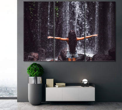 UNDER WATERFALL Cascade Tropical Rainforest Nature Beautiful Girl Nature Wall Canvas Print Artesty   