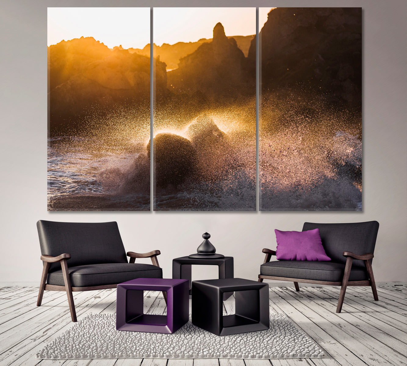 CLIFF Waves crashing on Rocks in Sunlight Nature Wall Canvas Print Artesty 3 panels 36" x 24" 