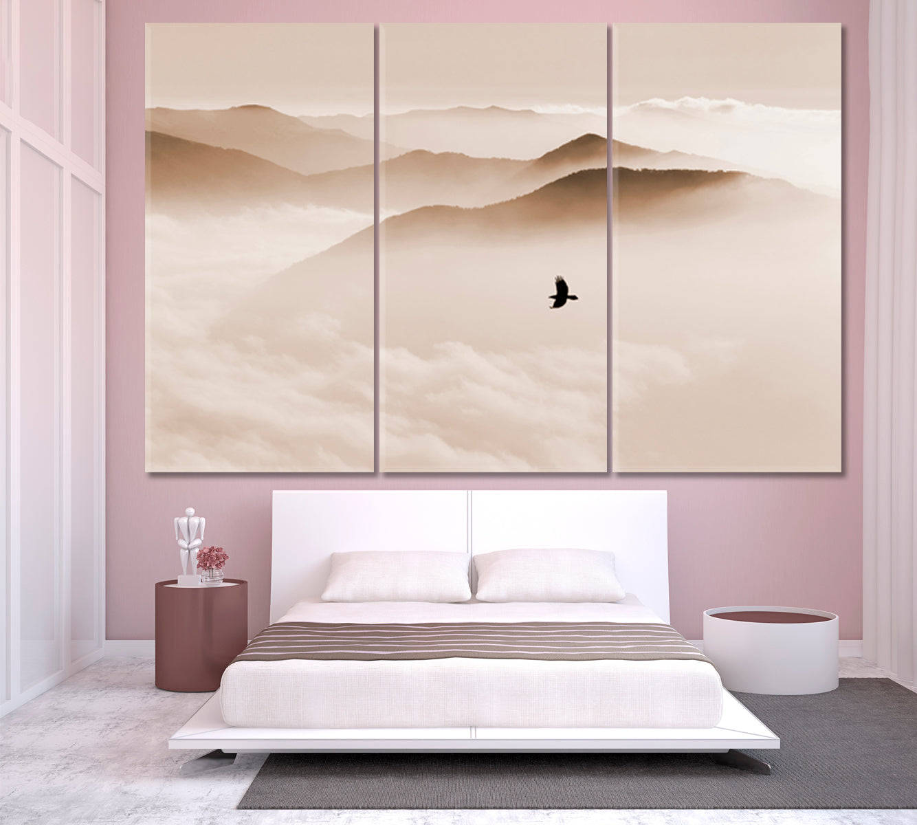 Breathtaking Landscape Sky and Mountain Mist, Silhouettes of Misty Mountains, bird flying, sepia toning Skyscape Canvas Artesty   