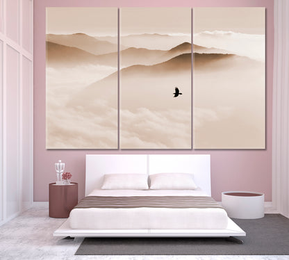 Breathtaking Landscape Sky and Mountain Mist, Silhouettes of Misty Mountains, bird flying, sepia toning Skyscape Canvas Artesty   