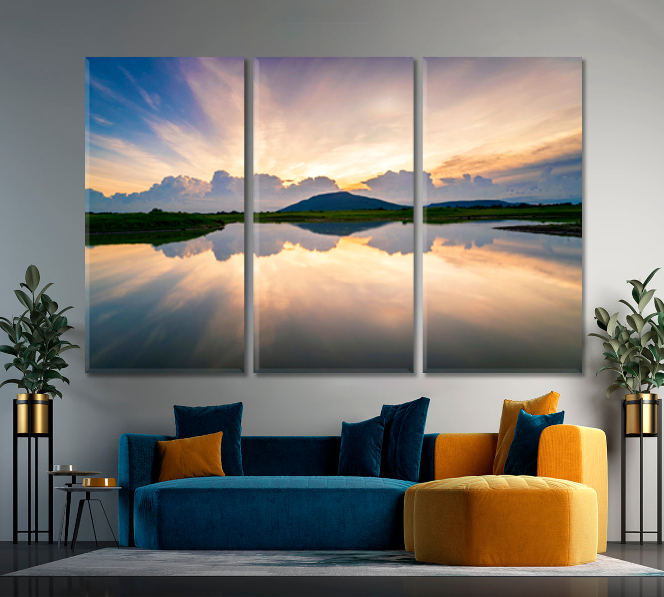 WATER REFLECTION Lake Landscape Beautiful Sunset Sky Nature Wall Canvas Print Artesty 3 panels 36" x 24" 