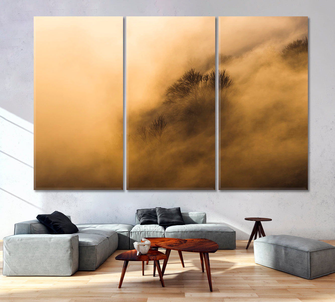 Fog Creeps Over the Tops of the Trees in the Mountains at Sunset Colors of Fire Scenery Landscape Fine Art Print Artesty 3 panels 36" x 24" 