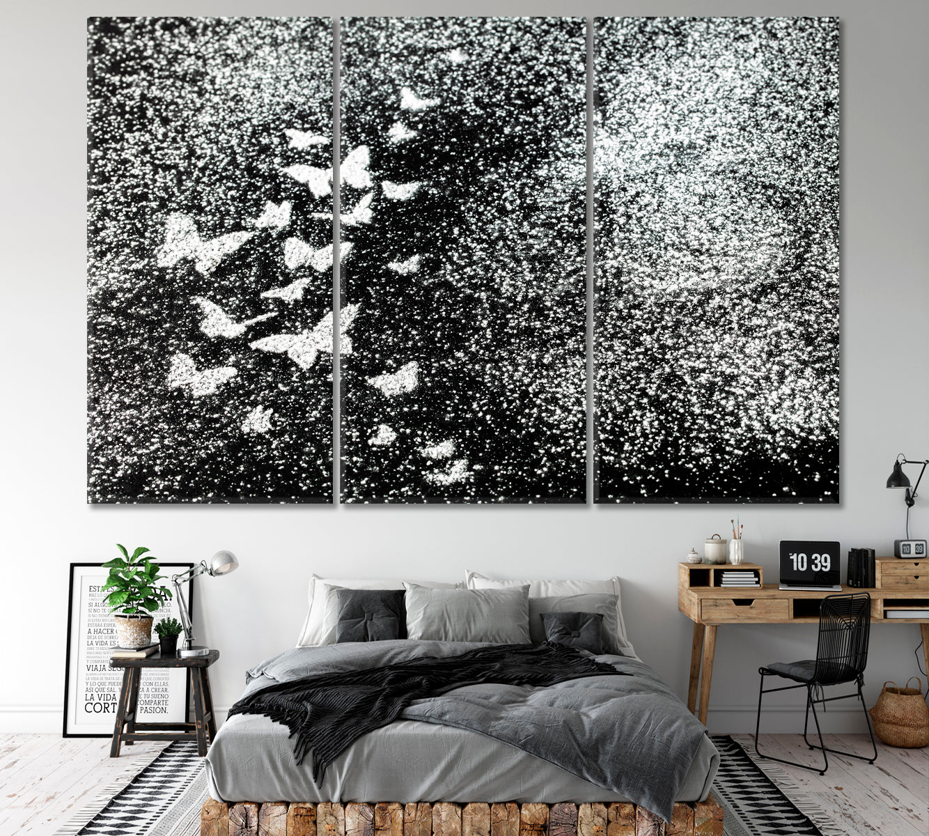 BUTTERFLY Black And White Beautiful Tender Canvas Print Black and White Wall Art Print Artesty 3 panels 36" x 24" 
