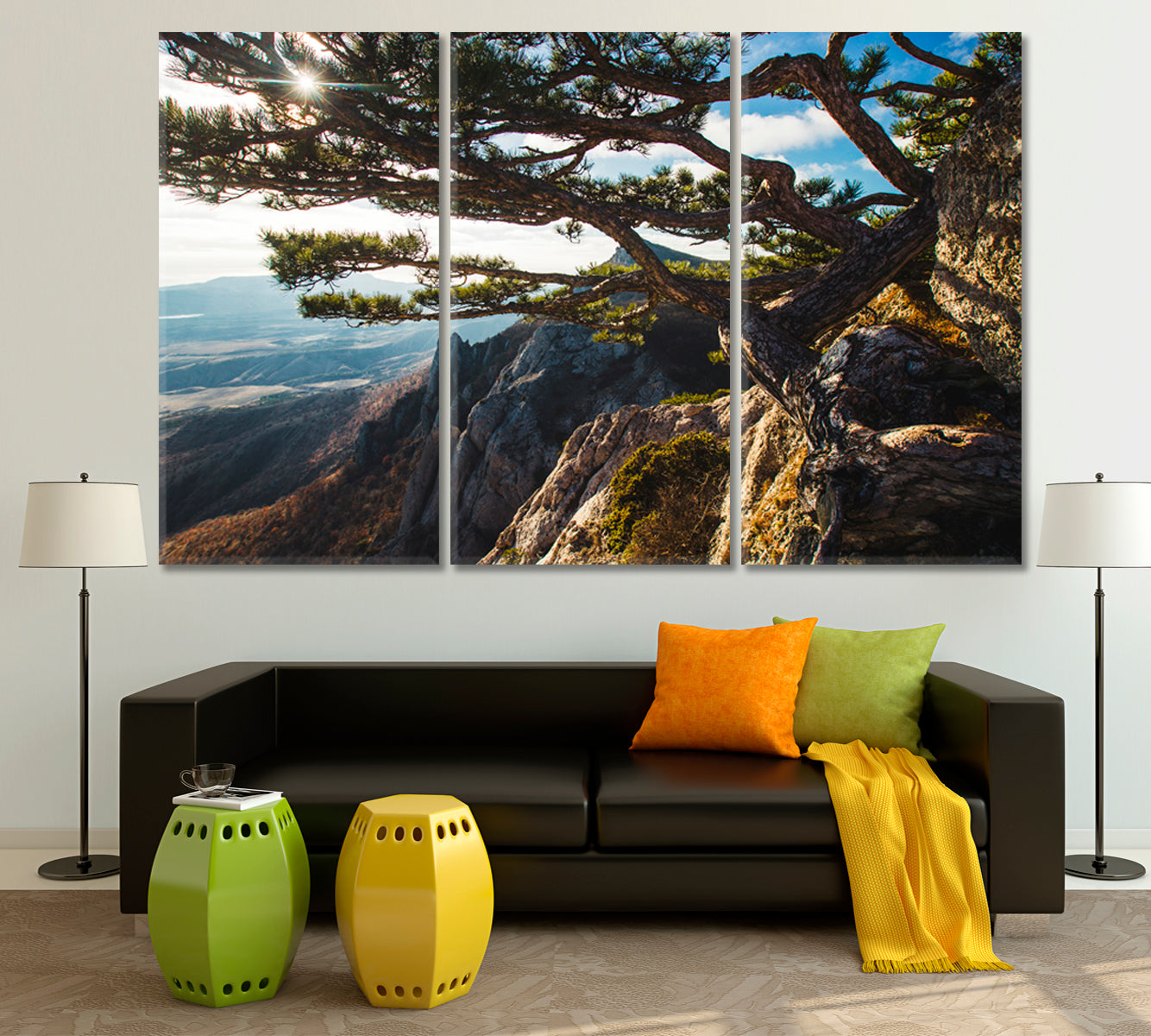 Breathtaking Beautiful Mountains Sunset Big Pine Tree on the Rock Nature Wall Canvas Print Artesty   