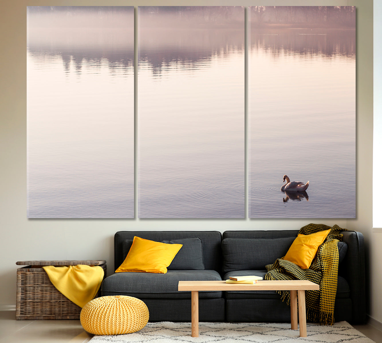 SERENITY Peaceful Landscape Water Reflection Bodensee Lake Germany Little Bird Duck Flapping Wings in the Water Scenery Landscape Fine Art Print Artesty 3 panels 36" x 24" 