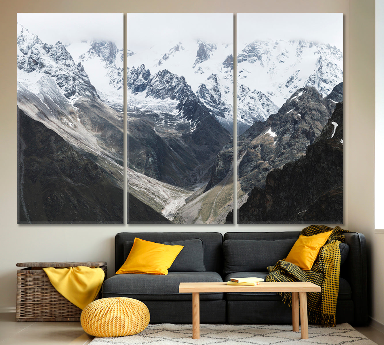 Snowy Mountain Ridge Peak Cold Cloudy Elbrus Landscape Scenery Landscape Fine Art Print Artesty 3 panels 36" x 24" 