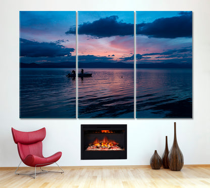 Peaceful Scenery Landscape Mountain Lake and Boat with Fishermen Scenery Landscape Fine Art Print Artesty 3 panels 36" x 24" 