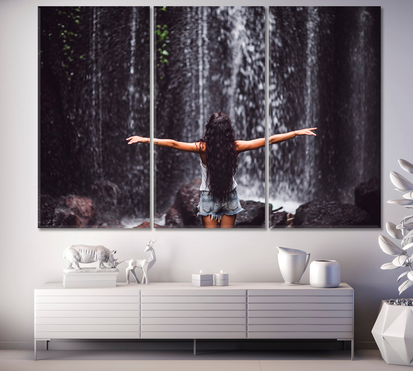 UNDER WATERFALL Cascade Tropical Rainforest Nature Beautiful Girl Nature Wall Canvas Print Artesty   