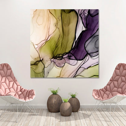 MARBLE Alcohol Ink Mix Purple Olive Green Fluid Art, Oriental Marbling Canvas Print Artesty 1 Panel 12"x12" 