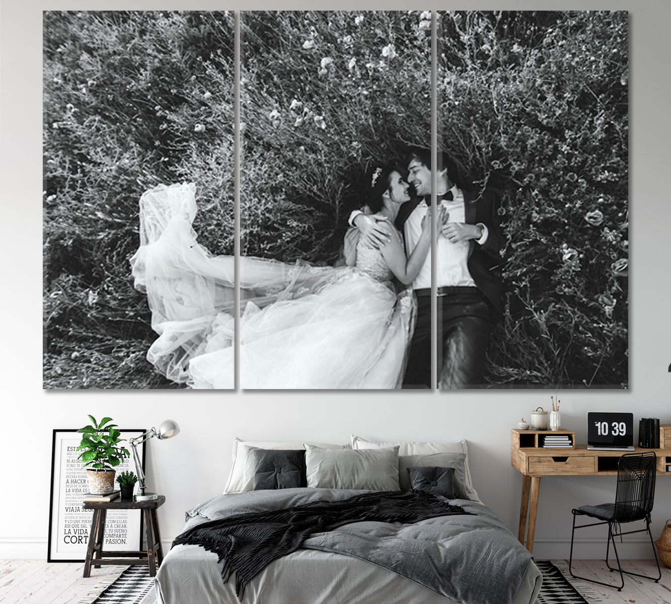 HAPPINESS Happy Life Couple Bride and Groom Wedding Love Family Marriage B&W Black and White Wall Art Print Artesty 3 panels 36" x 24" 