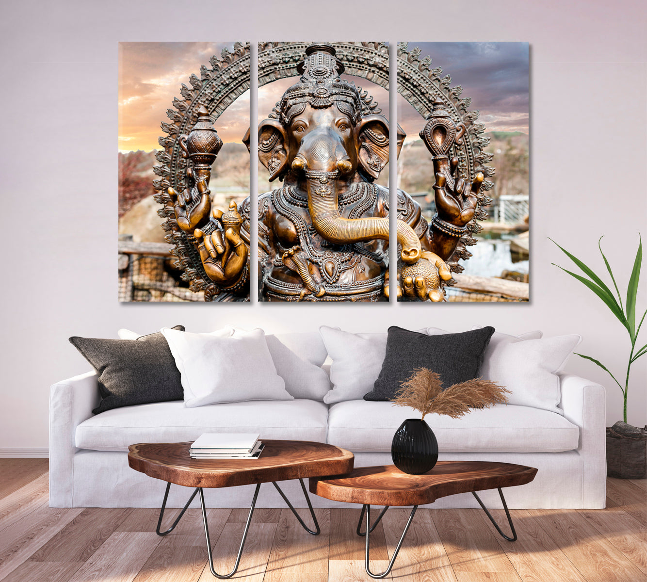 Statue of Hindu Elephant God Ganesha Dramatic Sky Religious Modern Art Artesty 3 panels 36" x 24" 