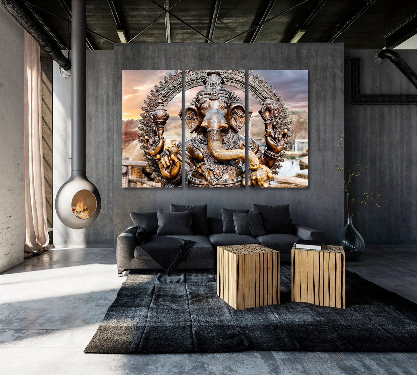 Statue of Hindu Elephant God Ganesha Dramatic Sky Religious Modern Art Artesty   