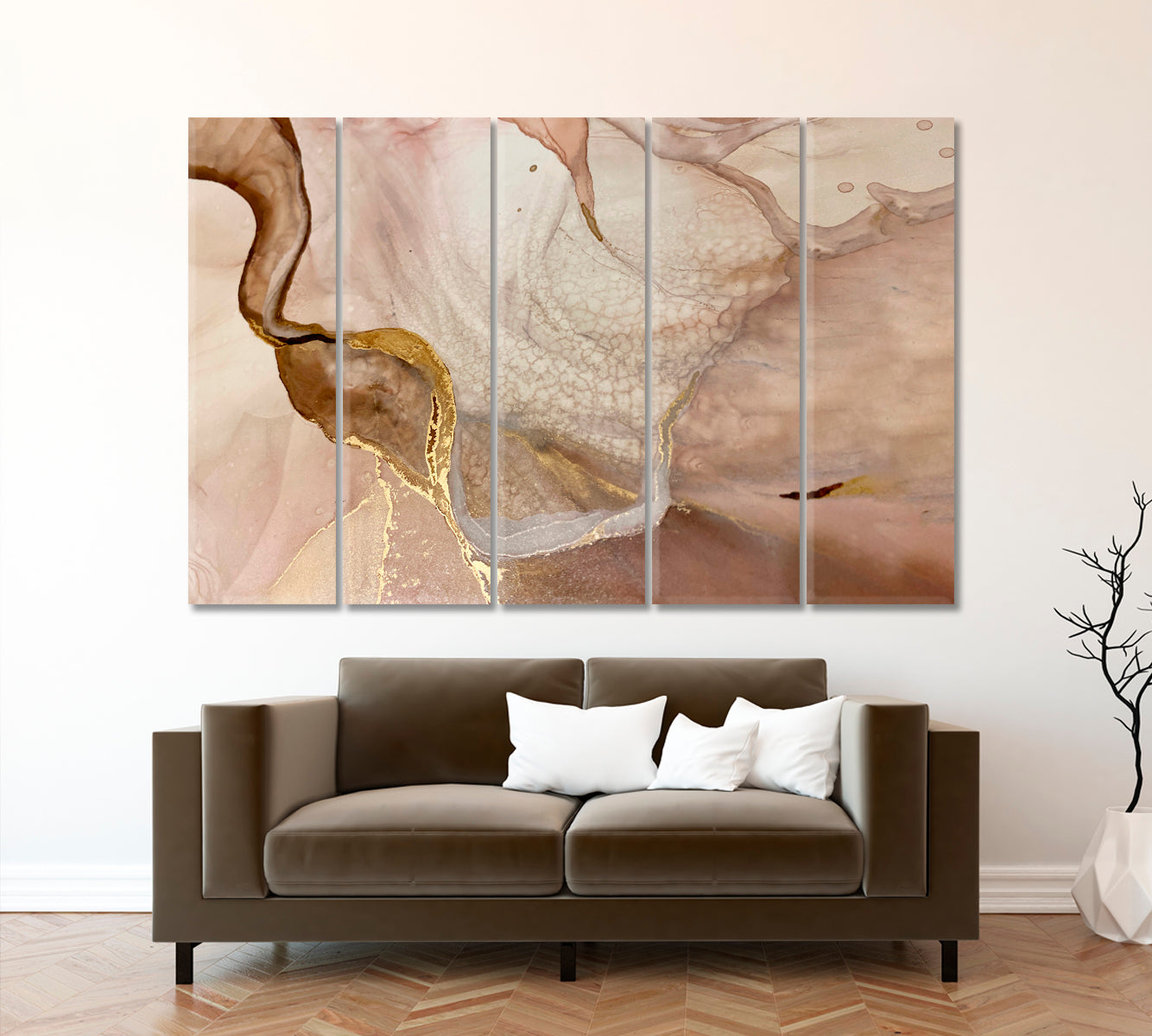 Tender Beige And Ivory Pastel Colors Golden Veins Abstract Marble Fluid Art, Oriental Marbling Canvas Print Artesty   