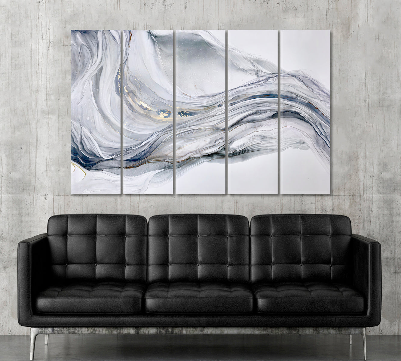 Beautiful Tender Blue Gray Abstract Waves Marble Effect Painting Fluid Art, Oriental Marbling Canvas Print Artesty 5 panels 36" x 24" 