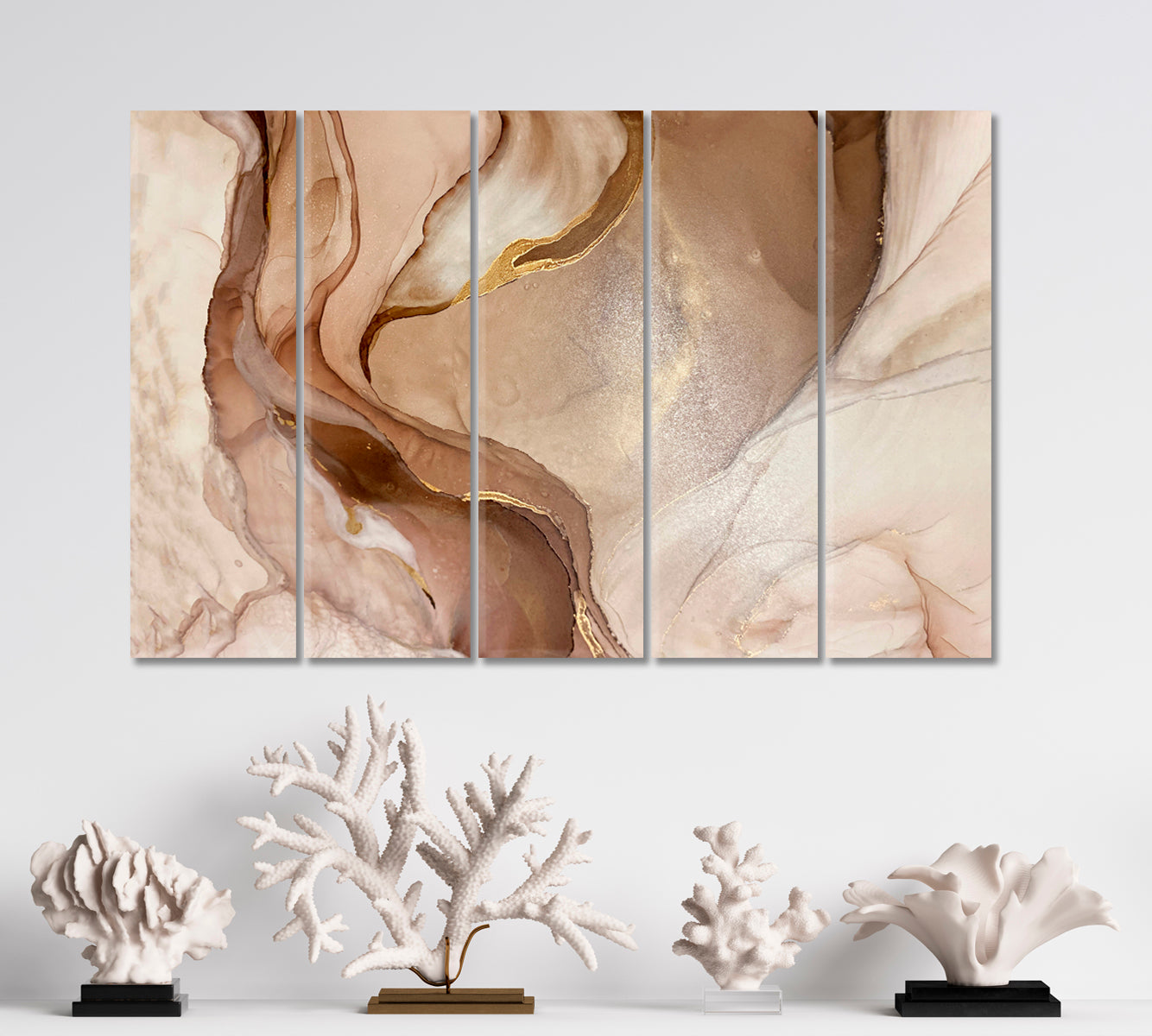 Abstract Marble Beige Golden Veins Neutral Earth Tones Ink Painting Fluid Art, Oriental Marbling Canvas Print Artesty 5 panels 36" x 24" 