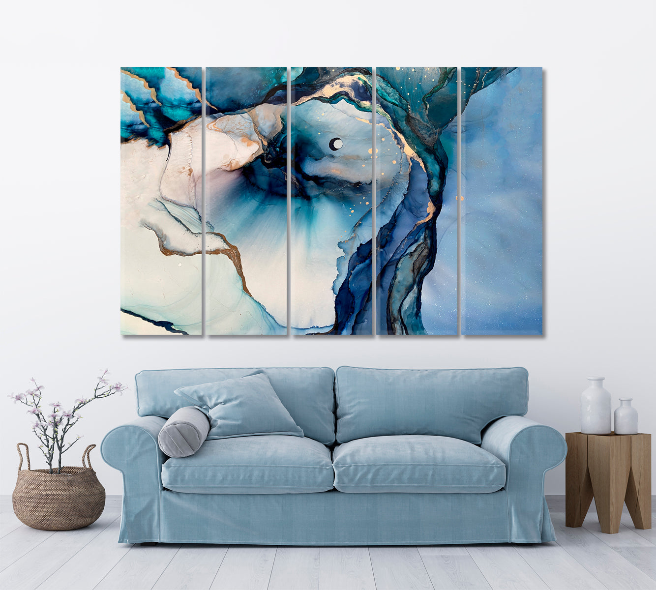 ABSTRACT CLOUDS Marble Blue Trendy Contemporary Fluid Poster Fluid Art, Oriental Marbling Canvas Print Artesty   