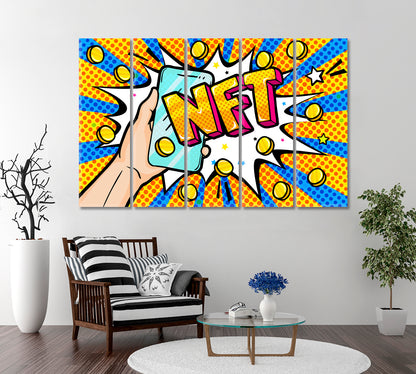 Hand Holding Phone NFT Pop Art Poster Office Wall Art Canvas Print Artesty 5 panels 36" x 24" 