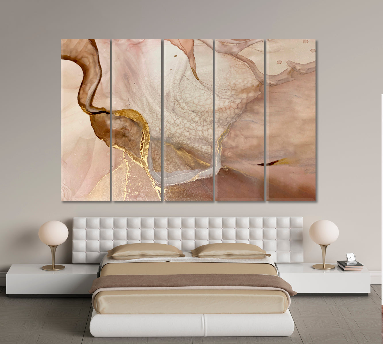 Tender Beige And Ivory Pastel Colors Golden Veins Abstract Marble Fluid Art, Oriental Marbling Canvas Print Artesty   