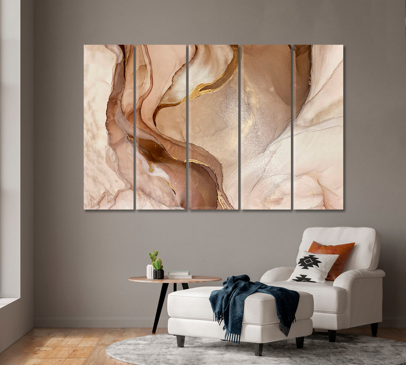 Abstract Marble Beige Golden Veins Neutral Earth Tones Ink Painting Fluid Art, Oriental Marbling Canvas Print Artesty   