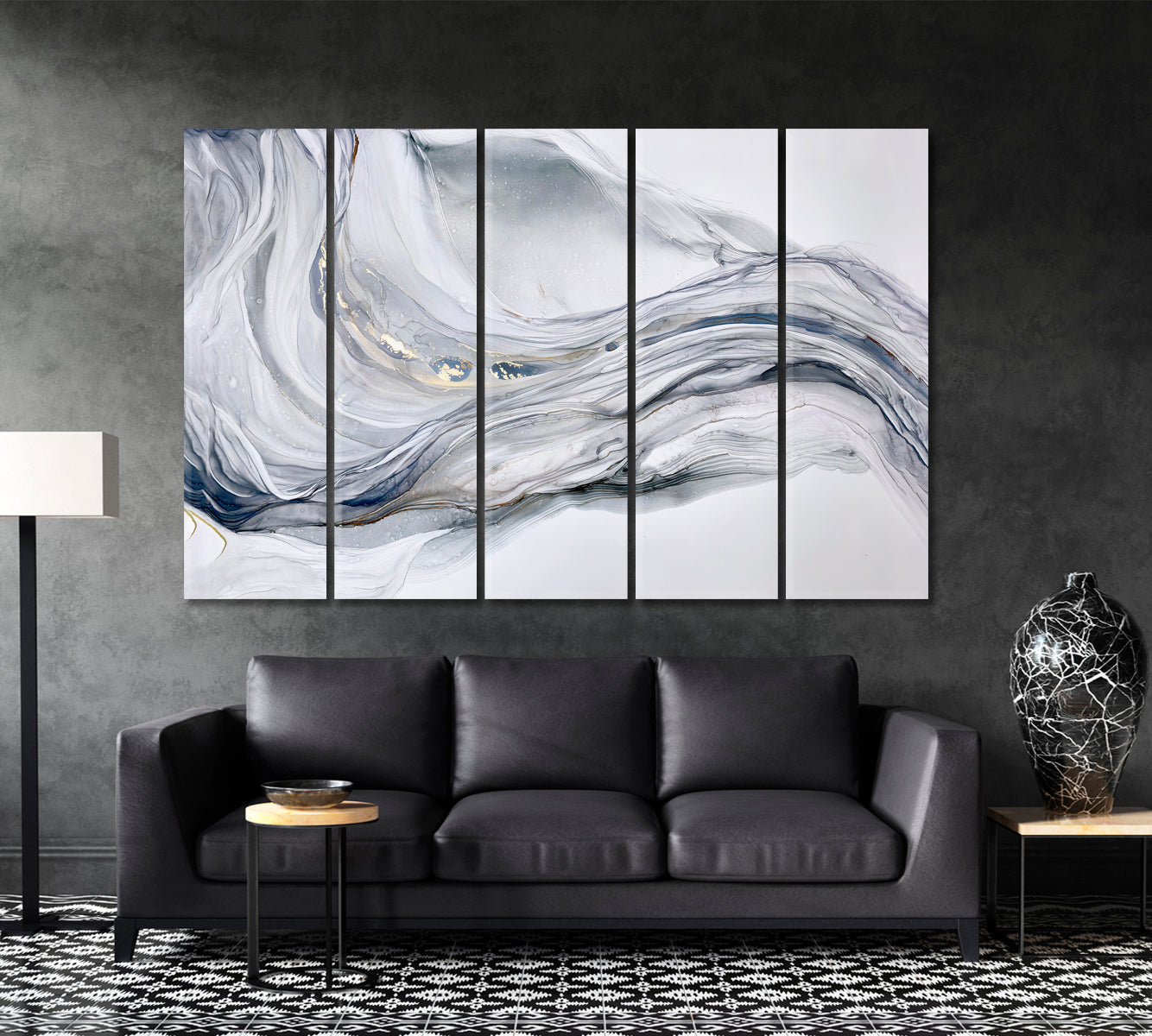 Beautiful Tender Blue Gray Abstract Waves Marble Effect Painting Fluid Art, Oriental Marbling Canvas Print Artesty   