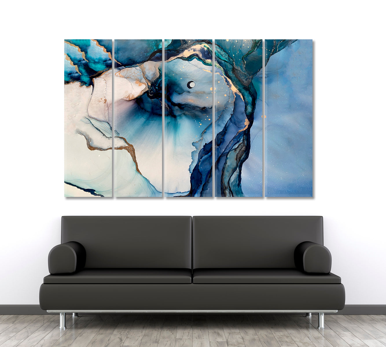 ABSTRACT CLOUDS Marble Blue Trendy Contemporary Fluid Poster Fluid Art, Oriental Marbling Canvas Print Artesty 5 panels 36" x 24" 