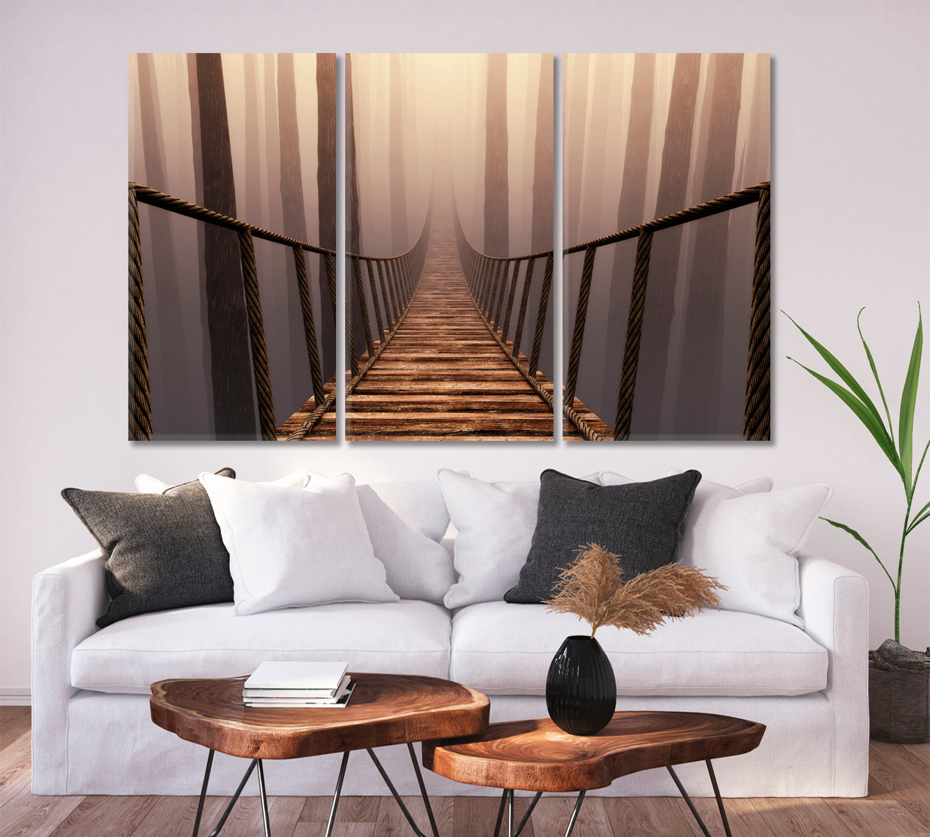 DREAM | Bridge Suspension Misty Forrest Canvas Print Photo Art Artesty 3 panels 36" x 24" 
