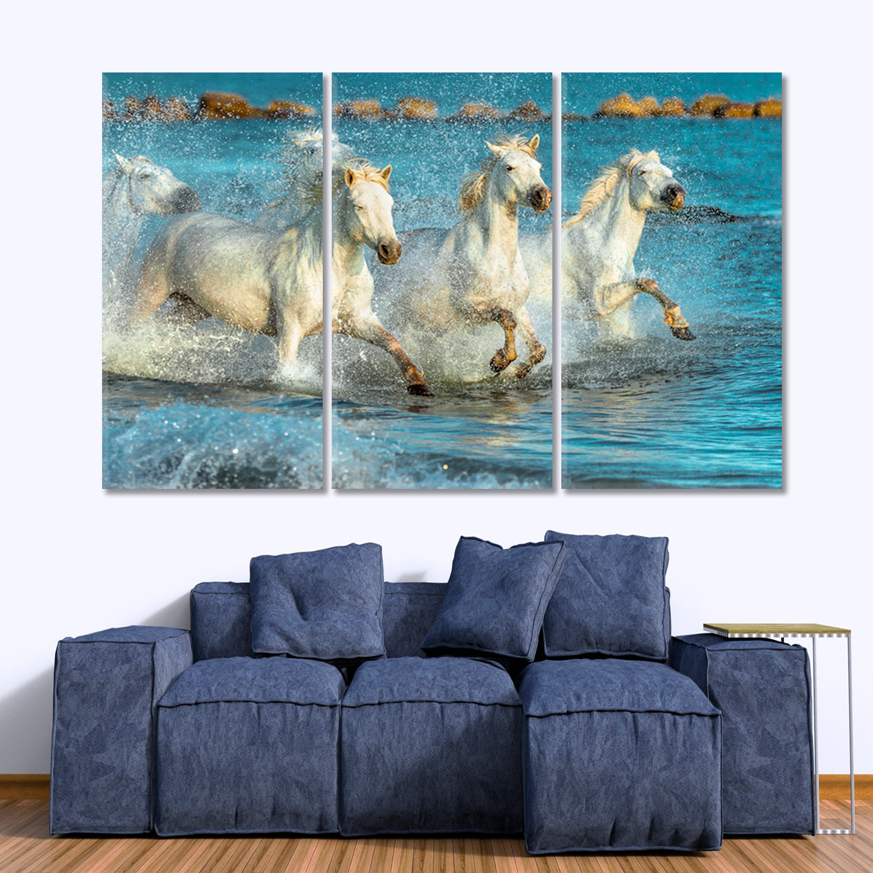 NEPTUNE'S HORSES White Galloping Horses Beach Provence Animals Canvas Print Artesty 3 panels 36" x 24" 