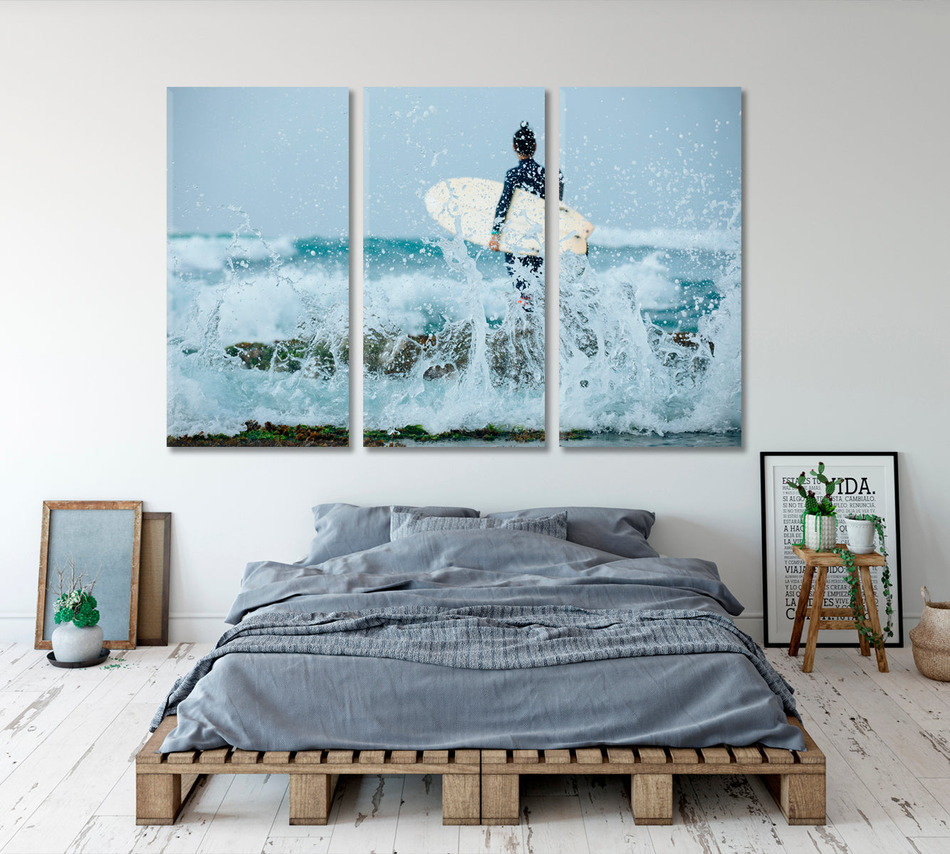 BIG WAVES Surf Wild Ocean Surfer Surfboard Motivation Sport Poster Print Decor Artesty 3 panels 36" x 24" 