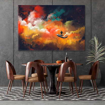 Surreal Dreamlike Man on Boat Outer Space Colorful Clouds Surreal Fantasy Large Art Print Décor Artesty   