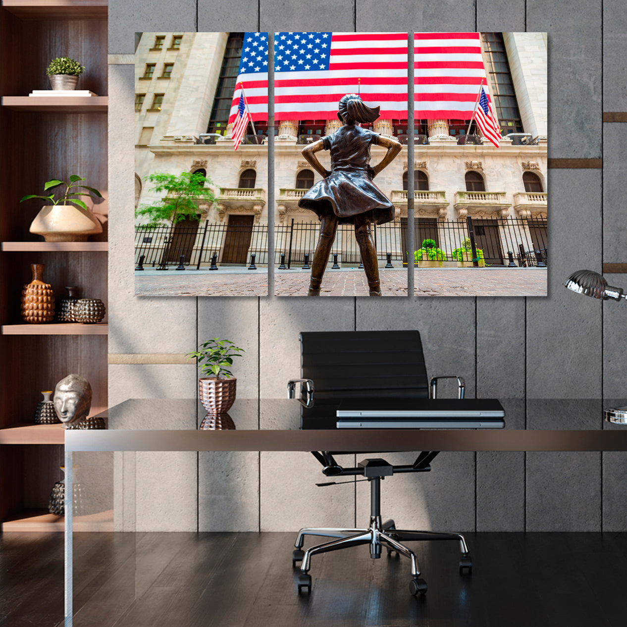 Fearless Girl American Flag New York Stock Exchange Building Cities Wall Art Artesty 3 panels 36" x 24" 