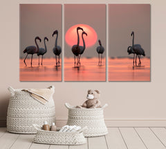 Asker Coast Greater Flamingos Amazing Coral Hue Sunset Dramatic Sky Wild Life Framed Art Artesty 3 panels 36" x 24" 
