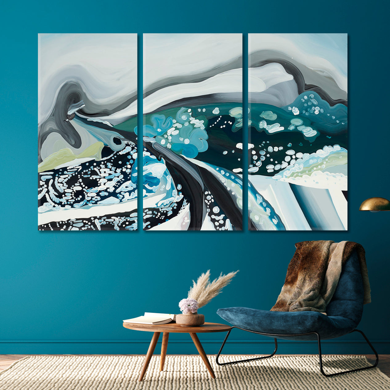 CONTEMPORARY ABSTRACT Blue Artwork Contemporary Art Artesty 3 panels 36" x 24" 