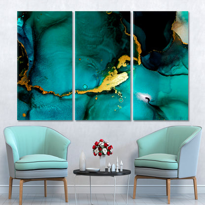 TEAL GREEN Tidewater Gold Effect Luxury Abstract Fluid Art Ink Splash Fluid Art, Oriental Marbling Canvas Print Artesty 3 panels 36" x 24" 