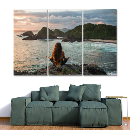 YOGA Lotus Pose Ocean Mountain Nature Wall Canvas Print Artesty 3 panels 36" x 24" 