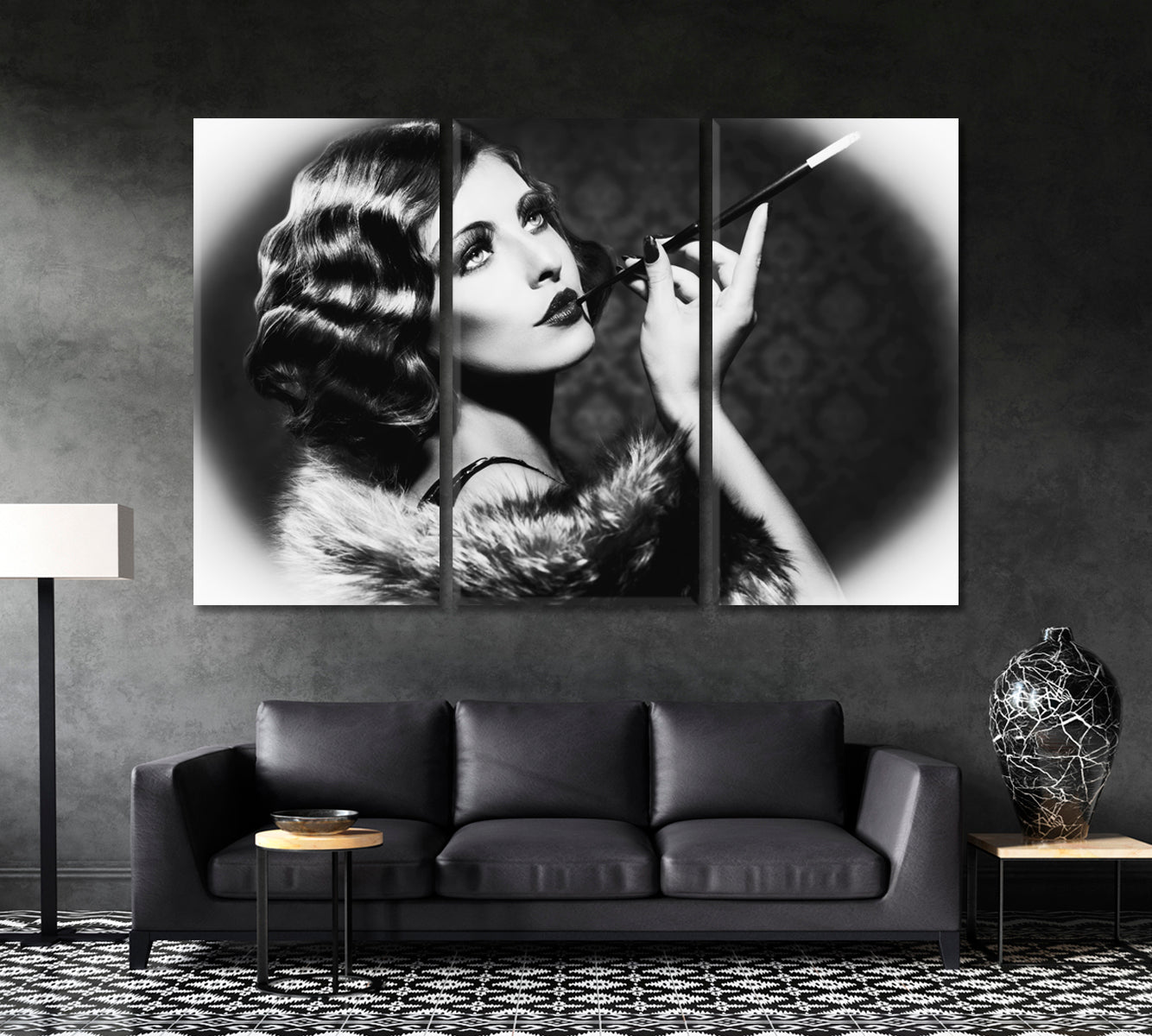 Flapper Girl Vintage Style Black and White Wall Art Print Artesty 3 panels 36" x 24" 